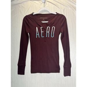 Aeropostale Womens Logo Long Sleeve Henley Top Burgundy Y2K Fitted Tee Sz Small